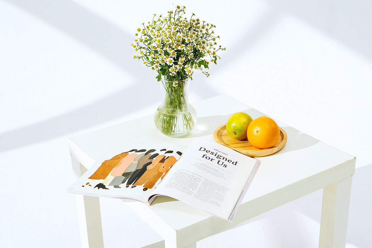 magazine, vase, still life, morning, sunshine